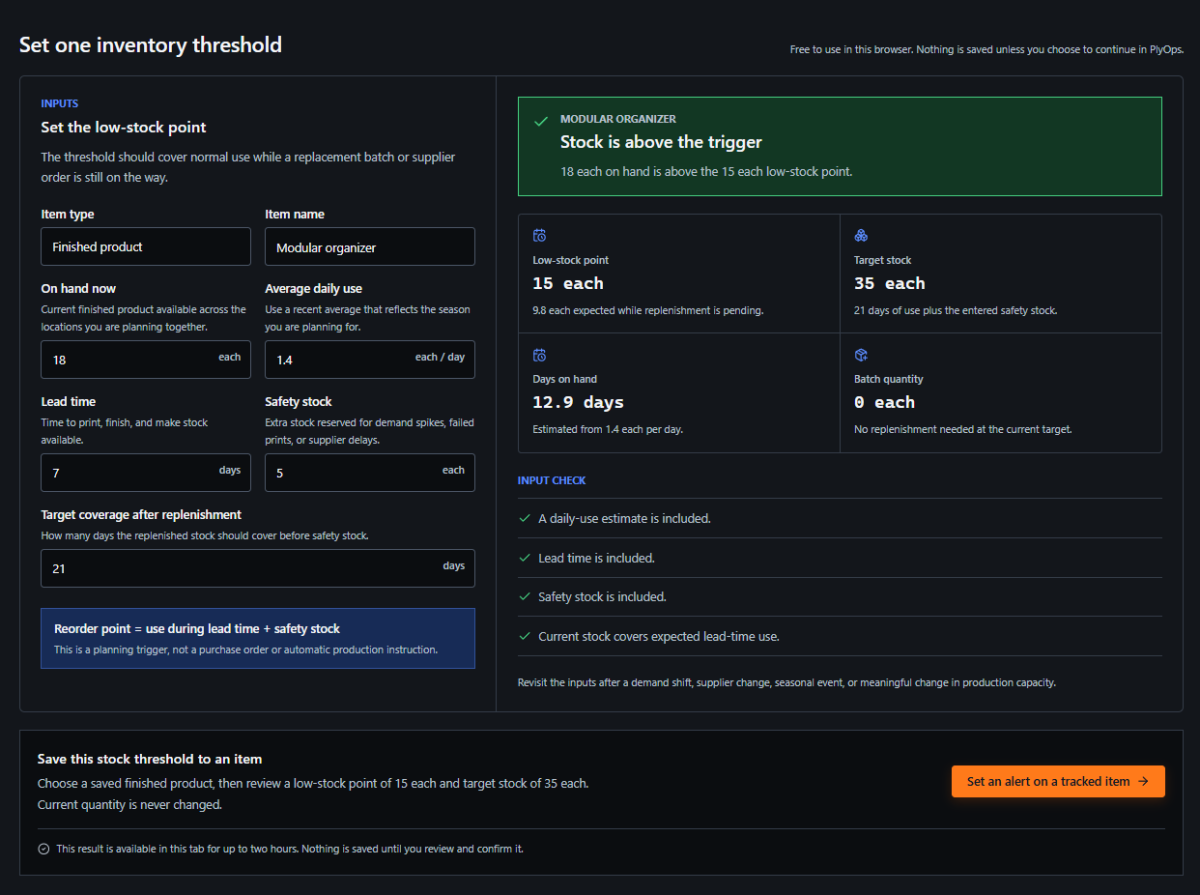 PlyOps Filament & Inventory Reorder Calculator screenshot