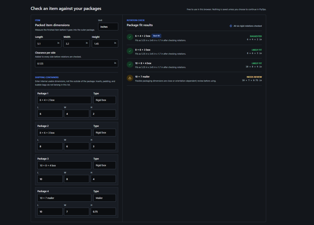 PlyOps Packaging Fit Calculator screenshot