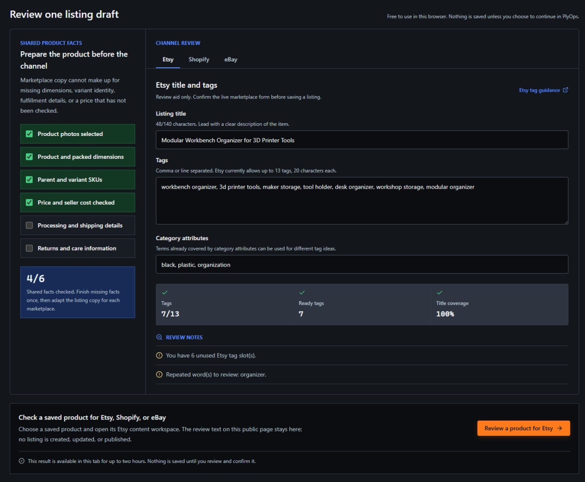 PlyOps Marketplace Listing Checklist screenshot