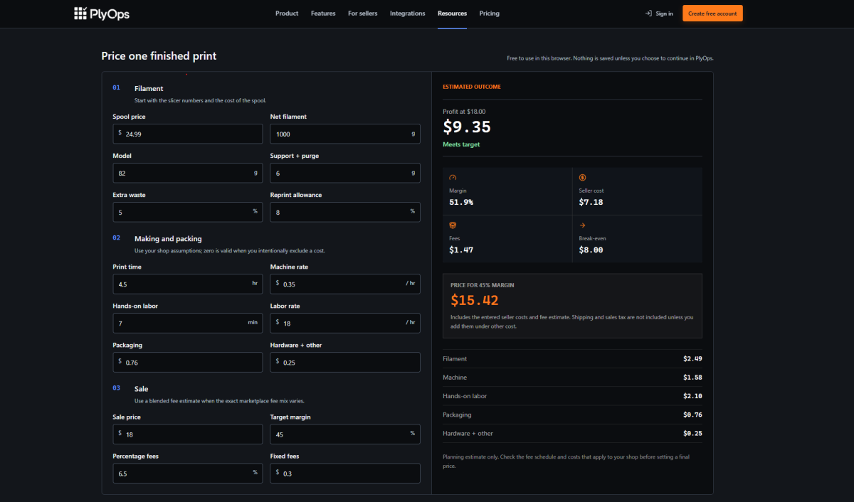 PlyOps 3D Print Pricing Calculator screenshot