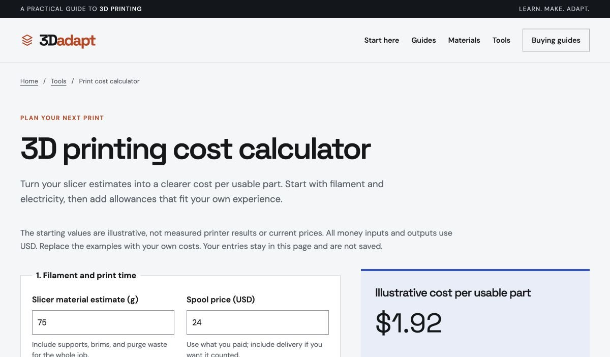3D Adapt 3D Printing Cost Calculator screenshot