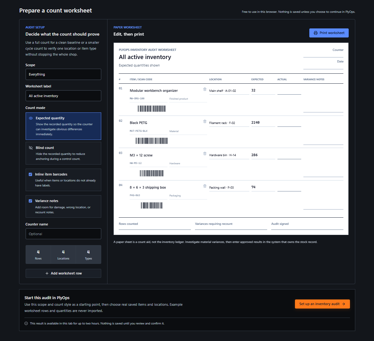 PlyOps Printable Inventory Count Sheet screenshot