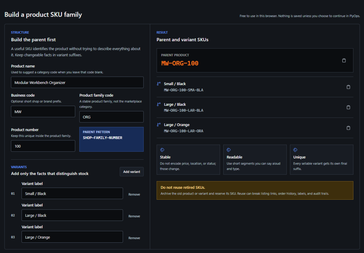 PlyOps Product SKU Builder screenshot