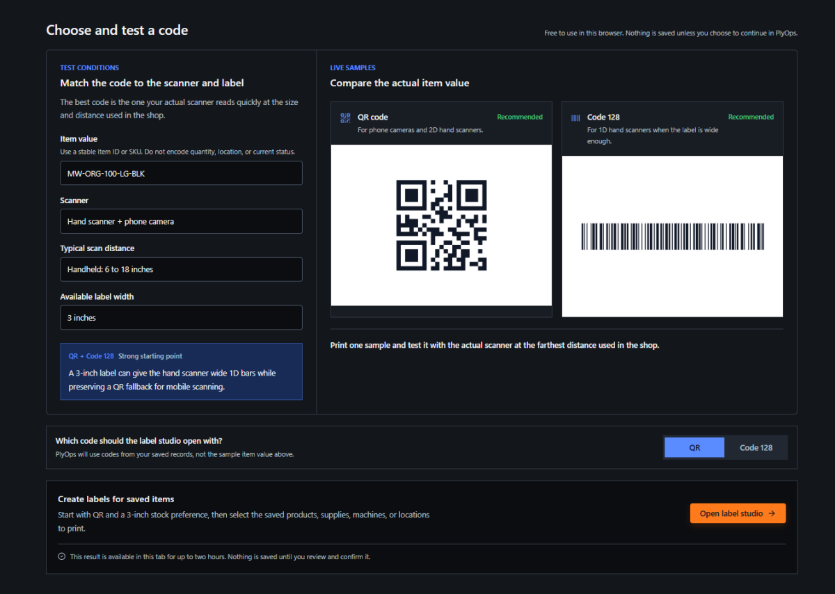 PlyOps QR & Barcode Inventory Label Tool screenshot